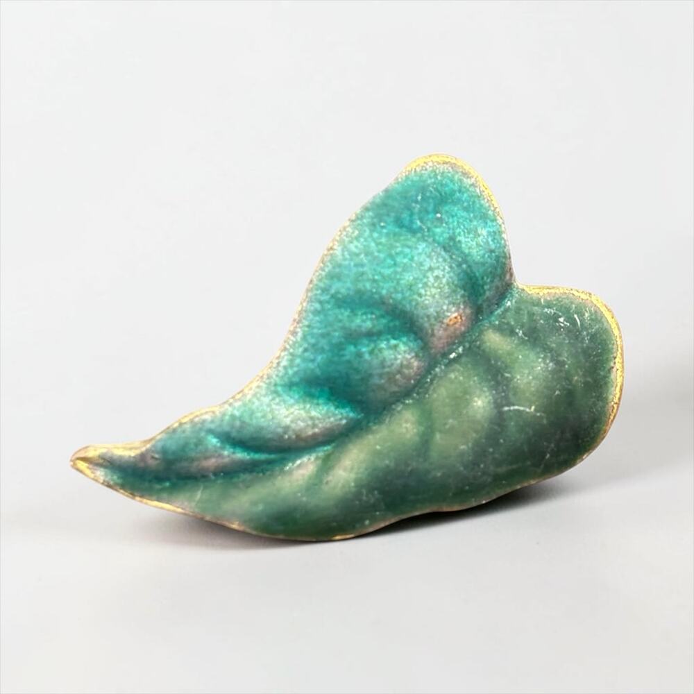 Antique Green Enamel Brooch C Clasp Sculptural Art Nouveau Leaf Pin